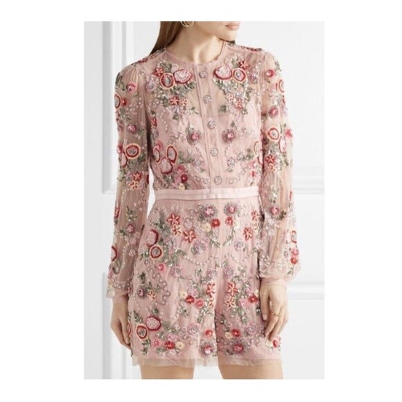 Needle & Thread Meadow Embellished Tulle Playsuit Floral Pink Beaded Romper Sz 6 - Picture 4 of 16